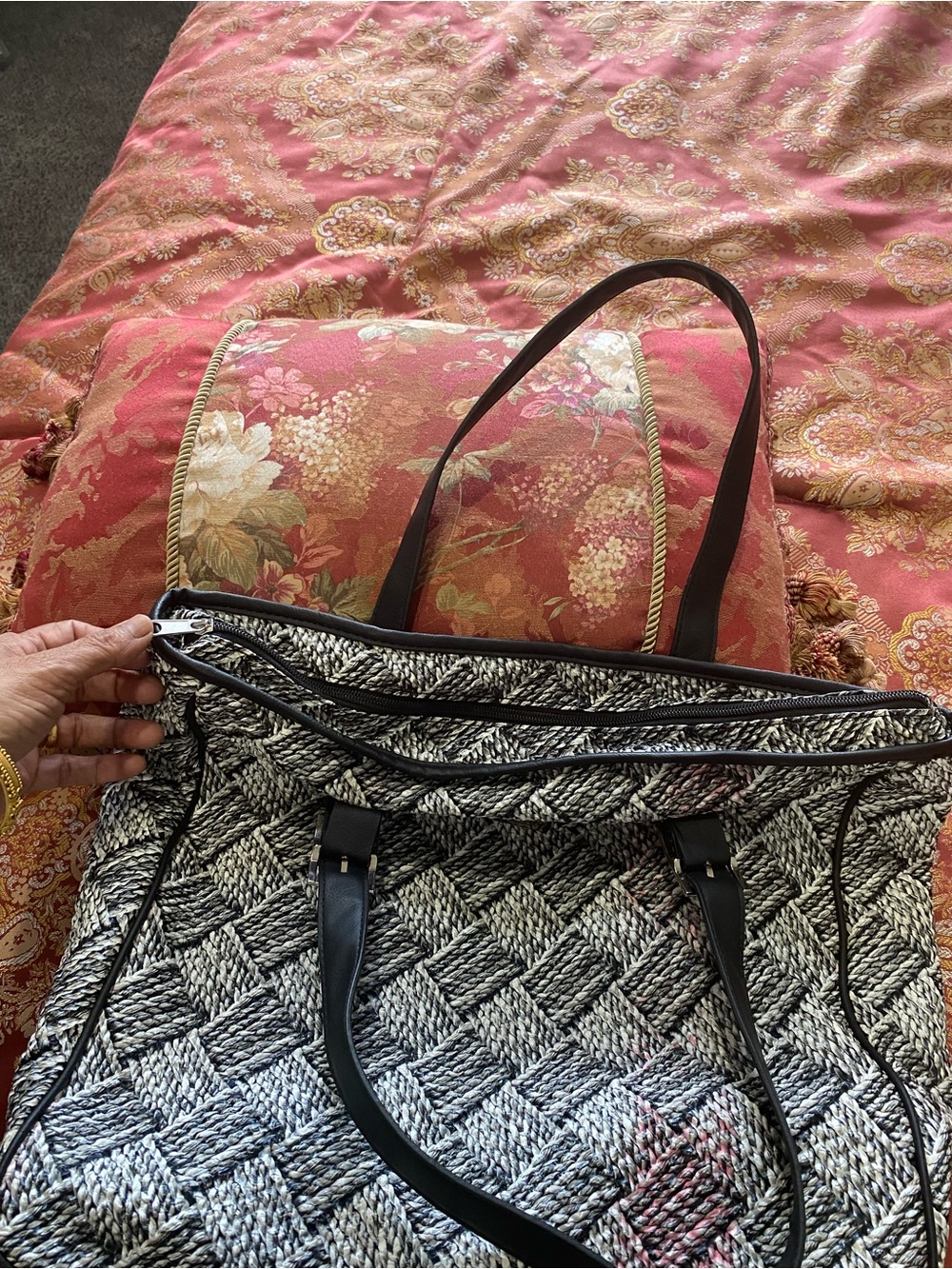 Black & White Woven Tote Bag with Top Handles - Picture 8 of 10